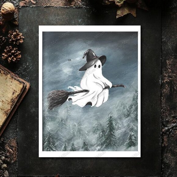 Other - 8x10 Fine Art Print, Witch Ghost on a Broomstick Over a Haunted Forest Painting,
